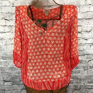 Lucky Brand Small Orange V Neck Sheer Blouse
